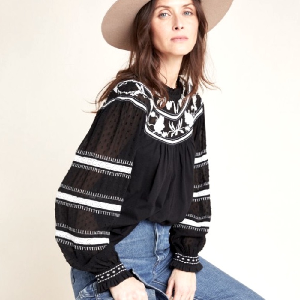 NWT MAEVE ANTHROPOLOGIE BLACK LACE PEASANT BLOUSE